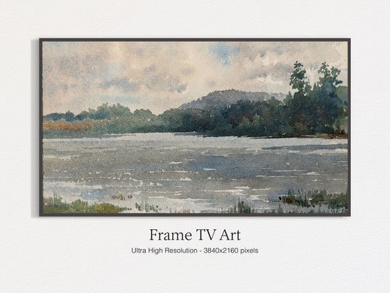 Frame Tv Art Watercolor Lake Painting Muted Green Landscape Wall Art Tv