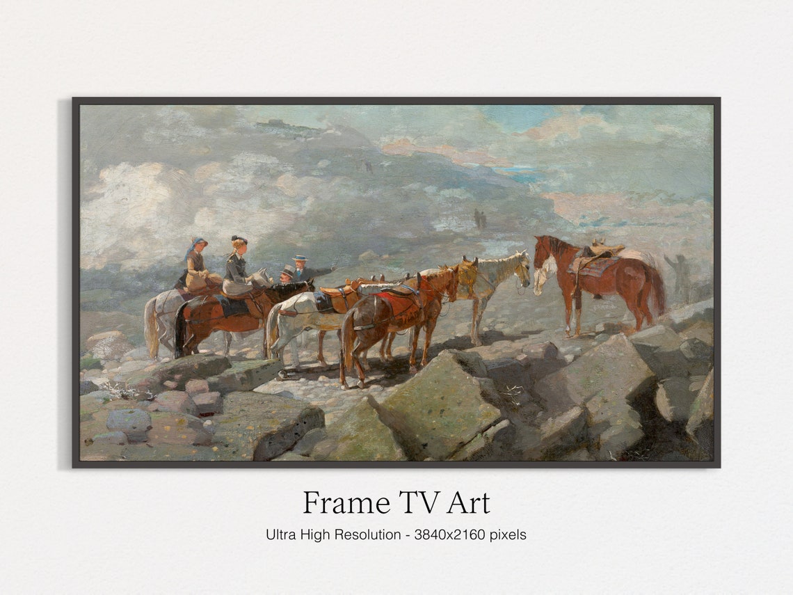 Horseback Riders Resting In Rocky Mountain Landscape Vintage Art Print