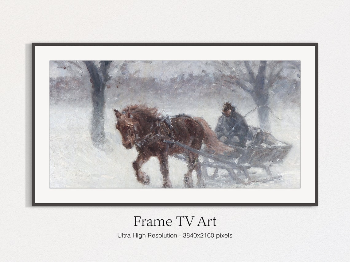 Horse Drawn Sleigh Ride in Falling Snow Vintage Winter Painting Poster - Image 4