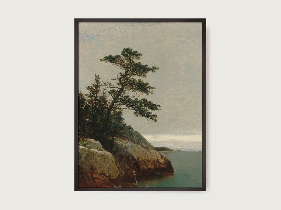 Vintage Coastal Landscape, Pine Tree Painting
