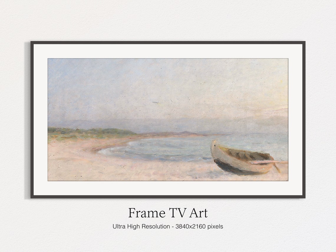 Pastel Seascape Rowboat On Pale Beach Dawn Coastal Tranquil Art Poster - Image 5