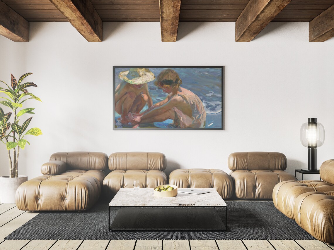 Children Playing In Shallow Sea Water Summer Beach Painting Art Print - Image 3