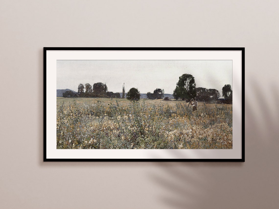 Neutral Wildflower Meadow Field Painting Vintage Landscape Wall Art - Image 2