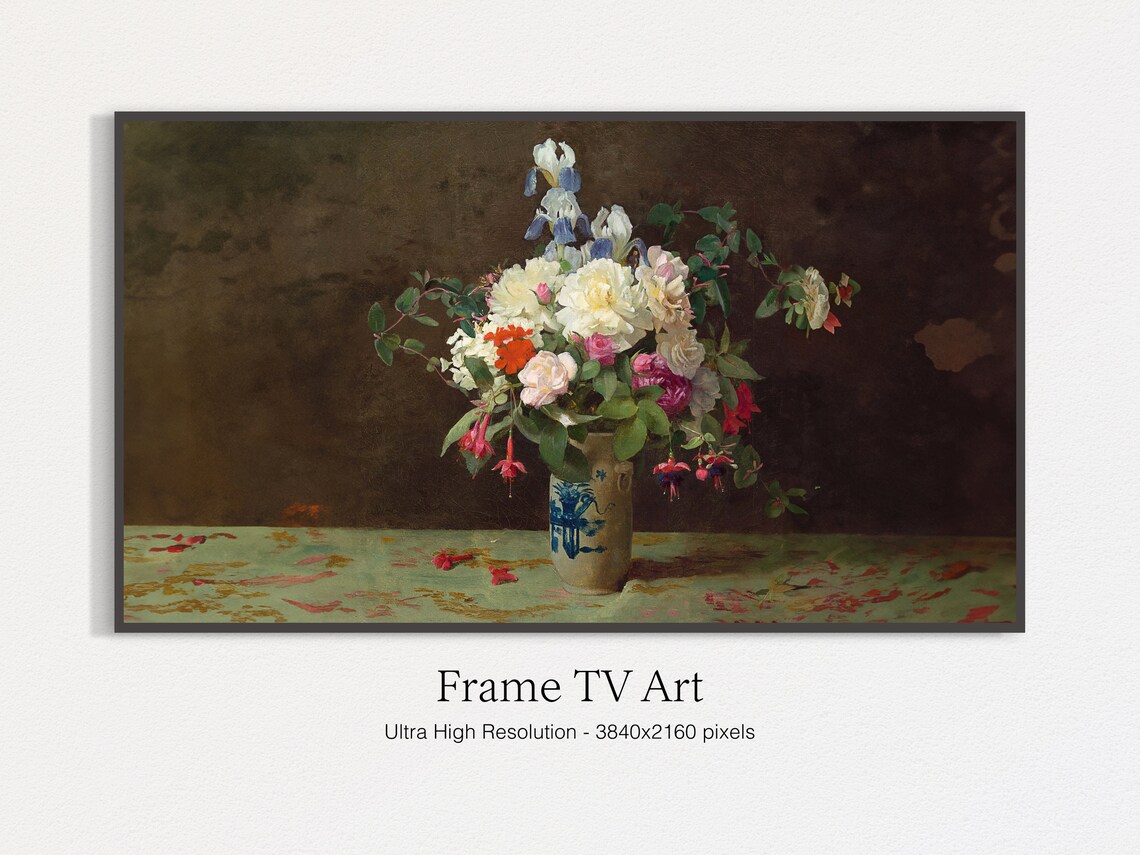 Vintage Flower Bouquet in Blue and White Vase Oil Painting Art Print