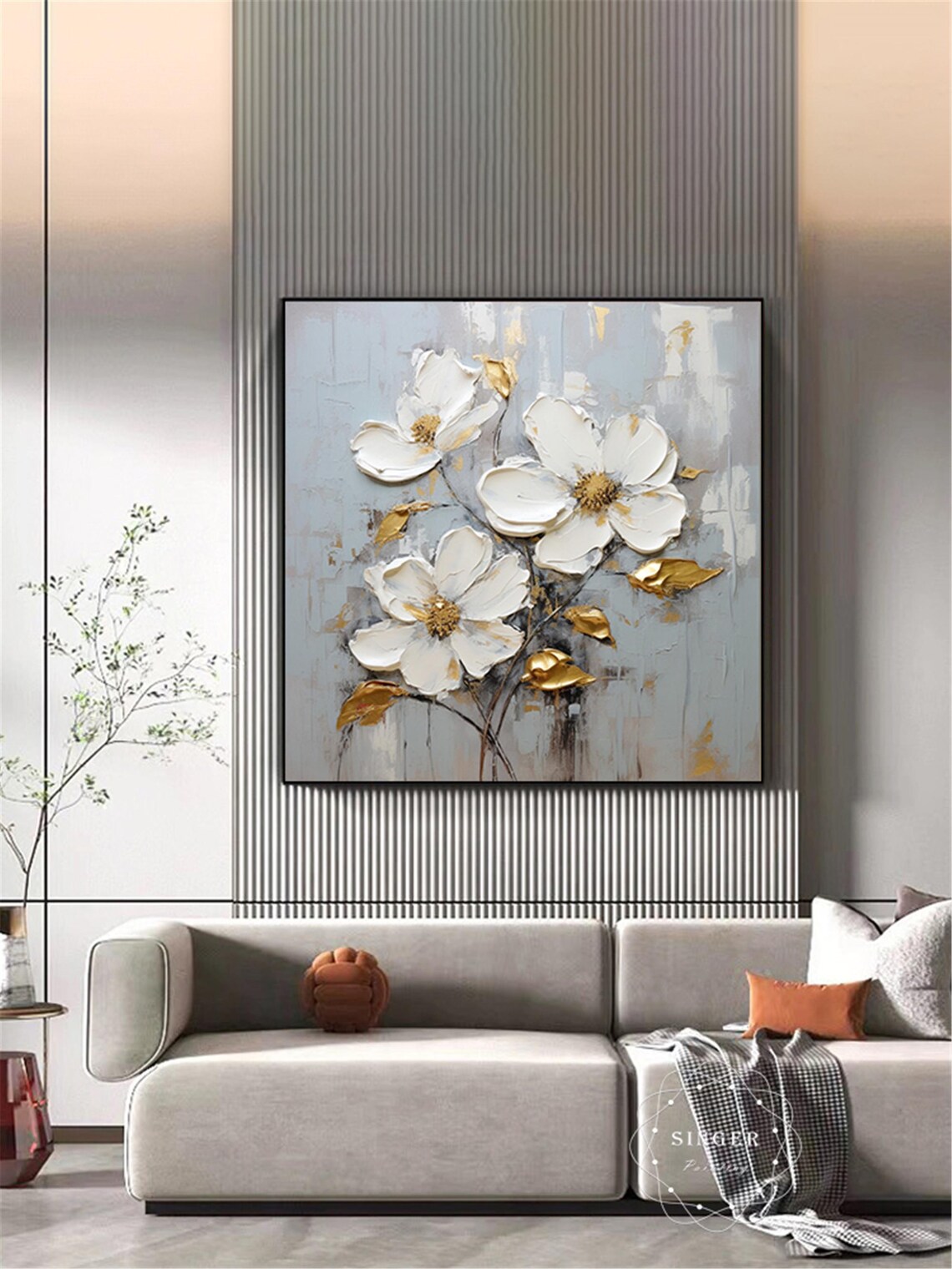 White Bloom Gold Center 3D Textured Impasto Painting Floral Poster - Image 3