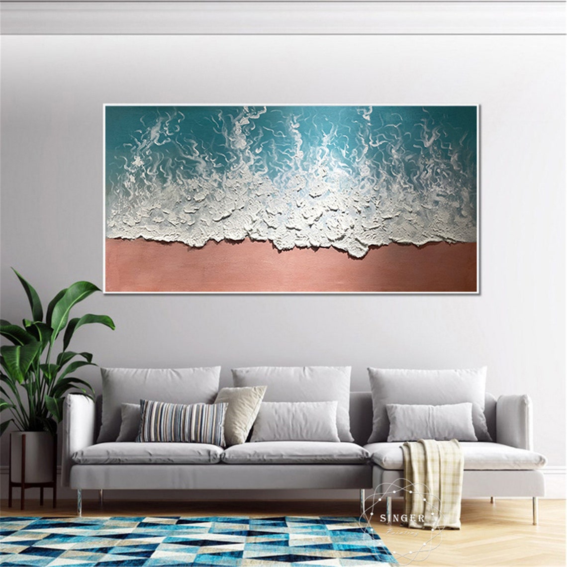Turquoise Ocean Wave 3D Textured Painting Coral Sand Panoramic Poster - Image 2