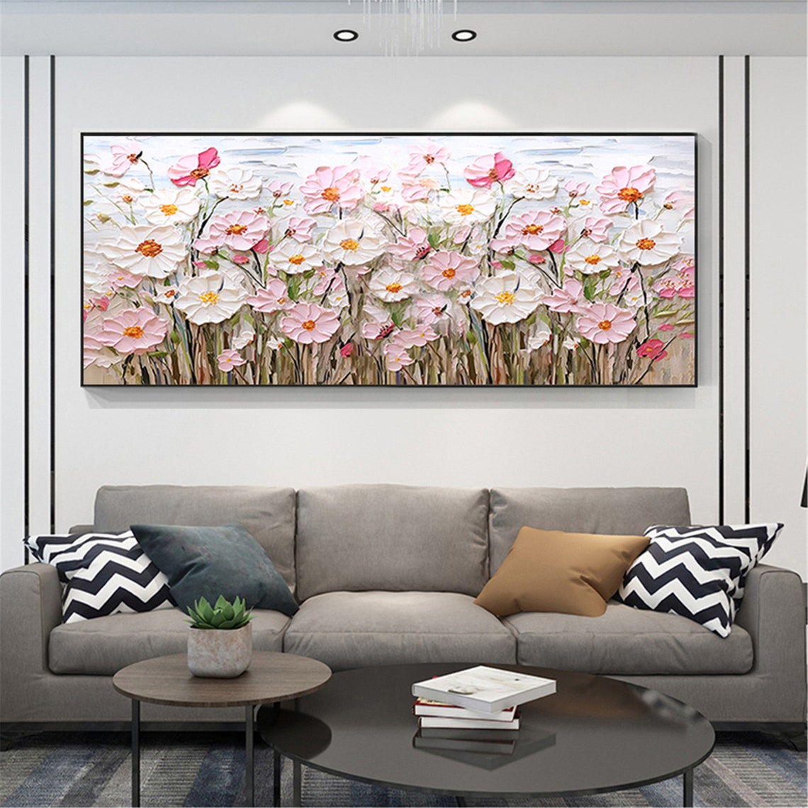 Pink White Cosmos Meadow Golden Stems Panoramic Spring Wall Art - Image 3