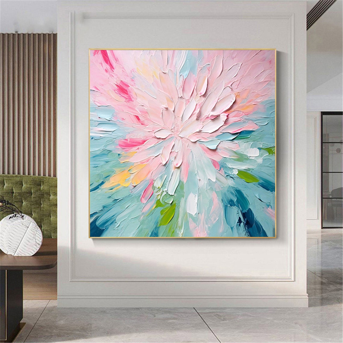 Pink White Giant Bloom Teal Splash Palette Knife Floral Wall Art - Image 3