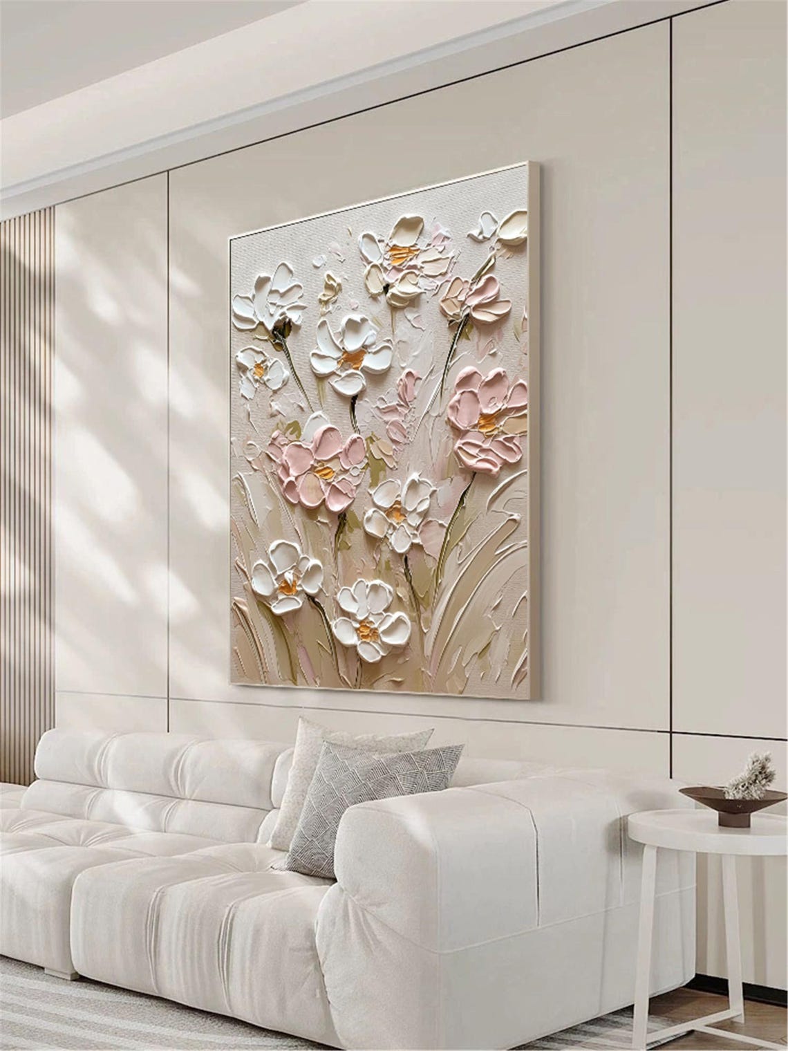 White Pink Blossom Dark Stems 3D Textured Floral Painting Poster - Image 2