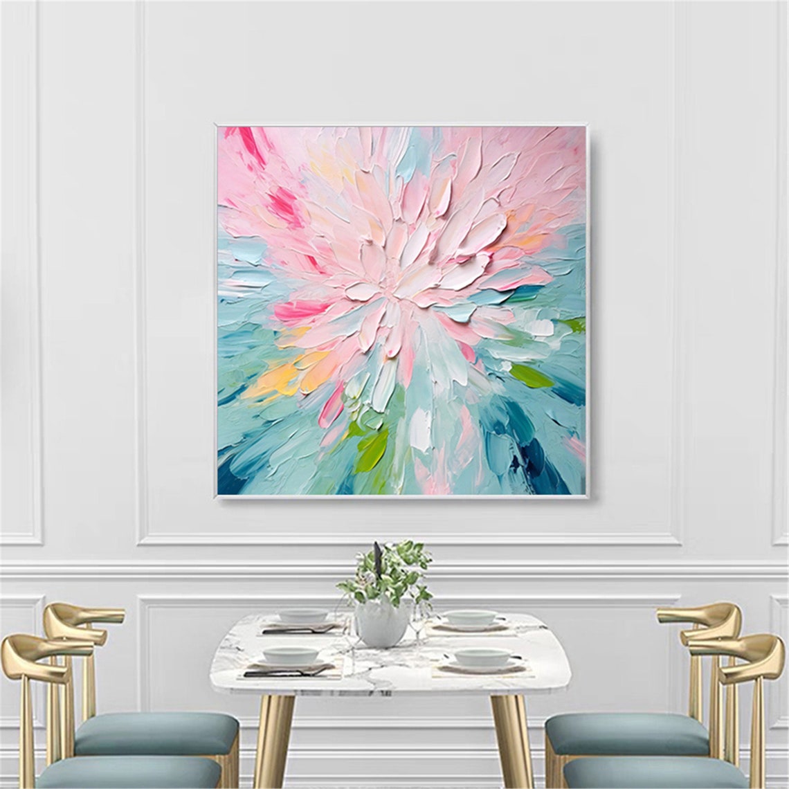 Pink White Giant Bloom Teal Splash Palette Knife Floral Wall Art - Image 5