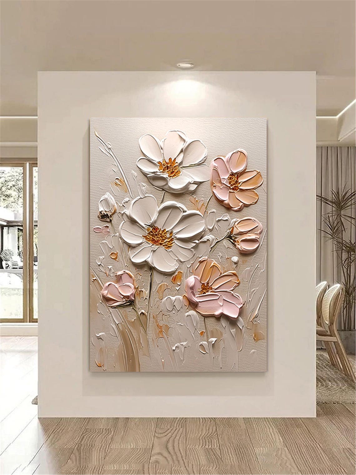 White Pink Blossom Neutral Gray 3D Textured Floral Painting Poster - Image 5