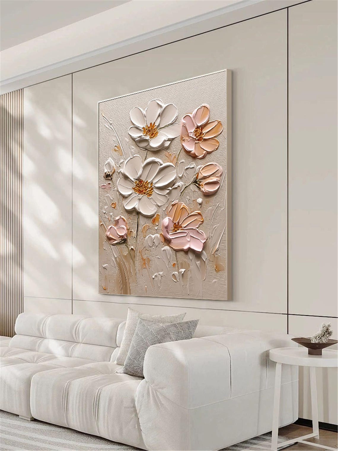 White Pink Blossom Neutral Gray 3D Textured Floral Painting Poster - Image 3
