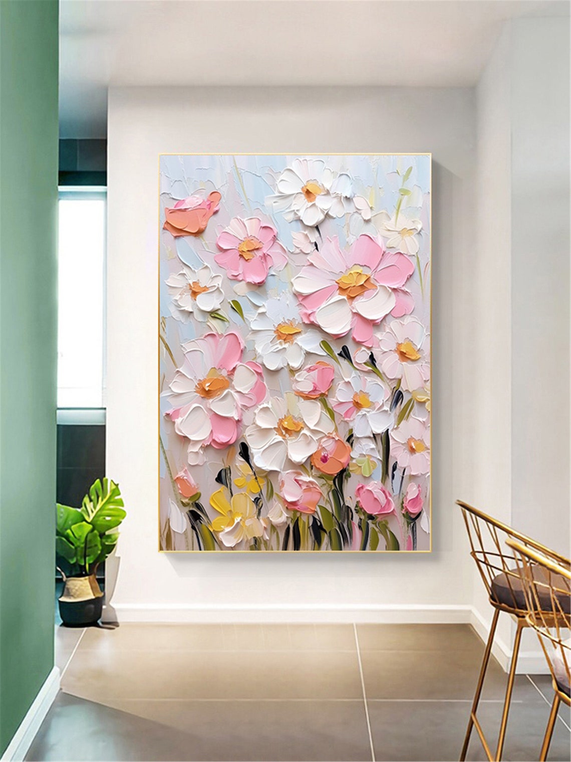 Pink Coral White Impasto Garden Flowers Spring Bouquet Wall Art - Image 5