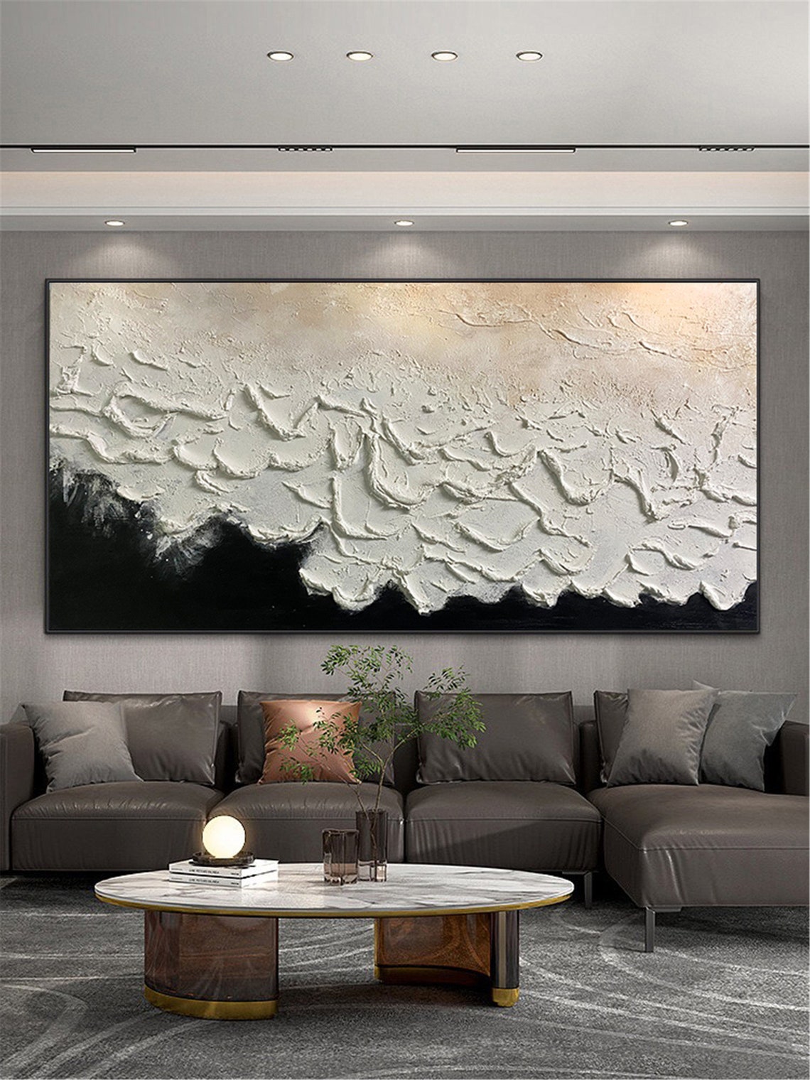 Black White Ocean Waves 3D Textured Impasto Painting Bold Poster - Image 2