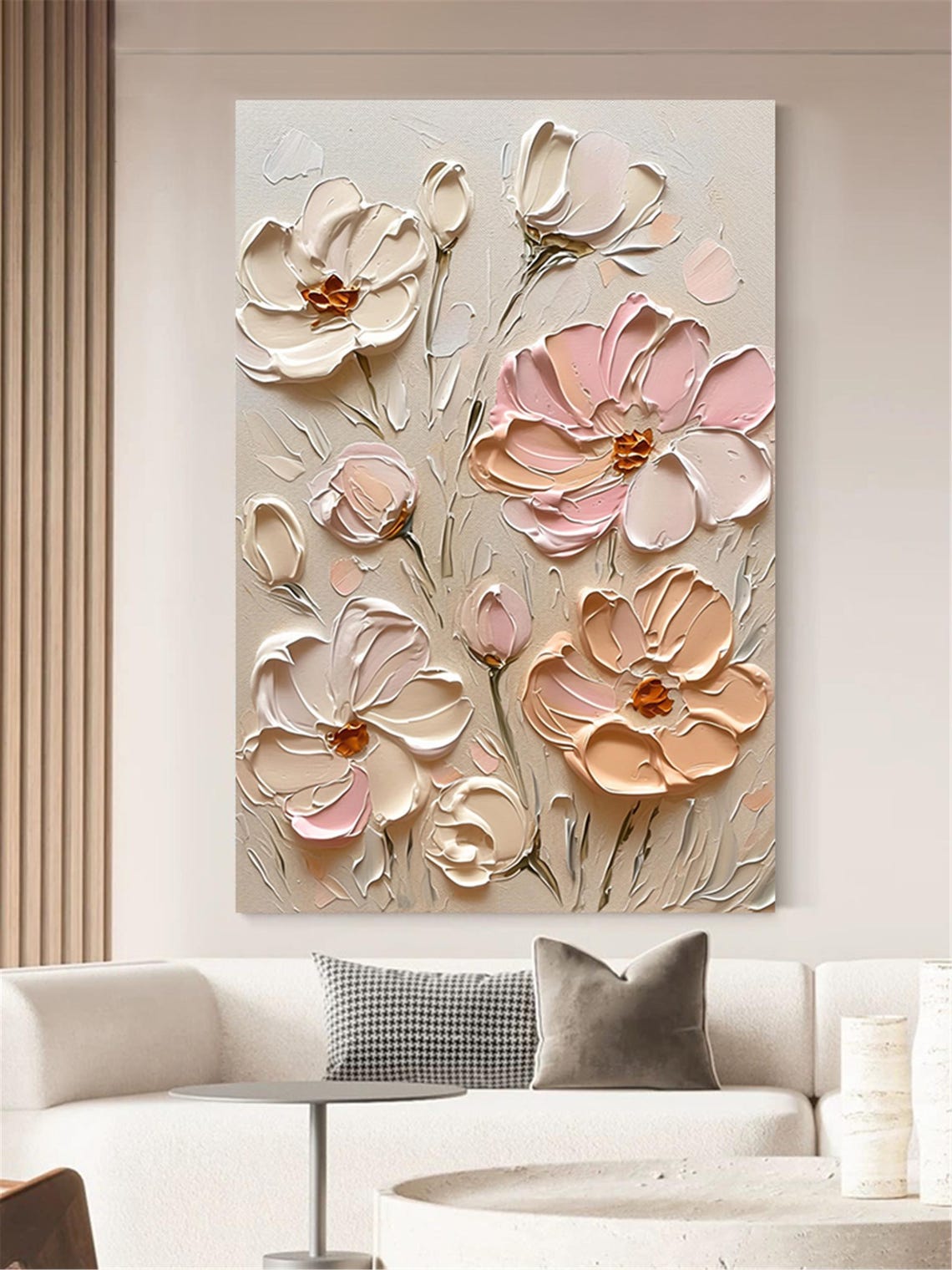 Cream Pink Apricot Bloom Beige 3D Textured Floral Painting Poster - Image 3