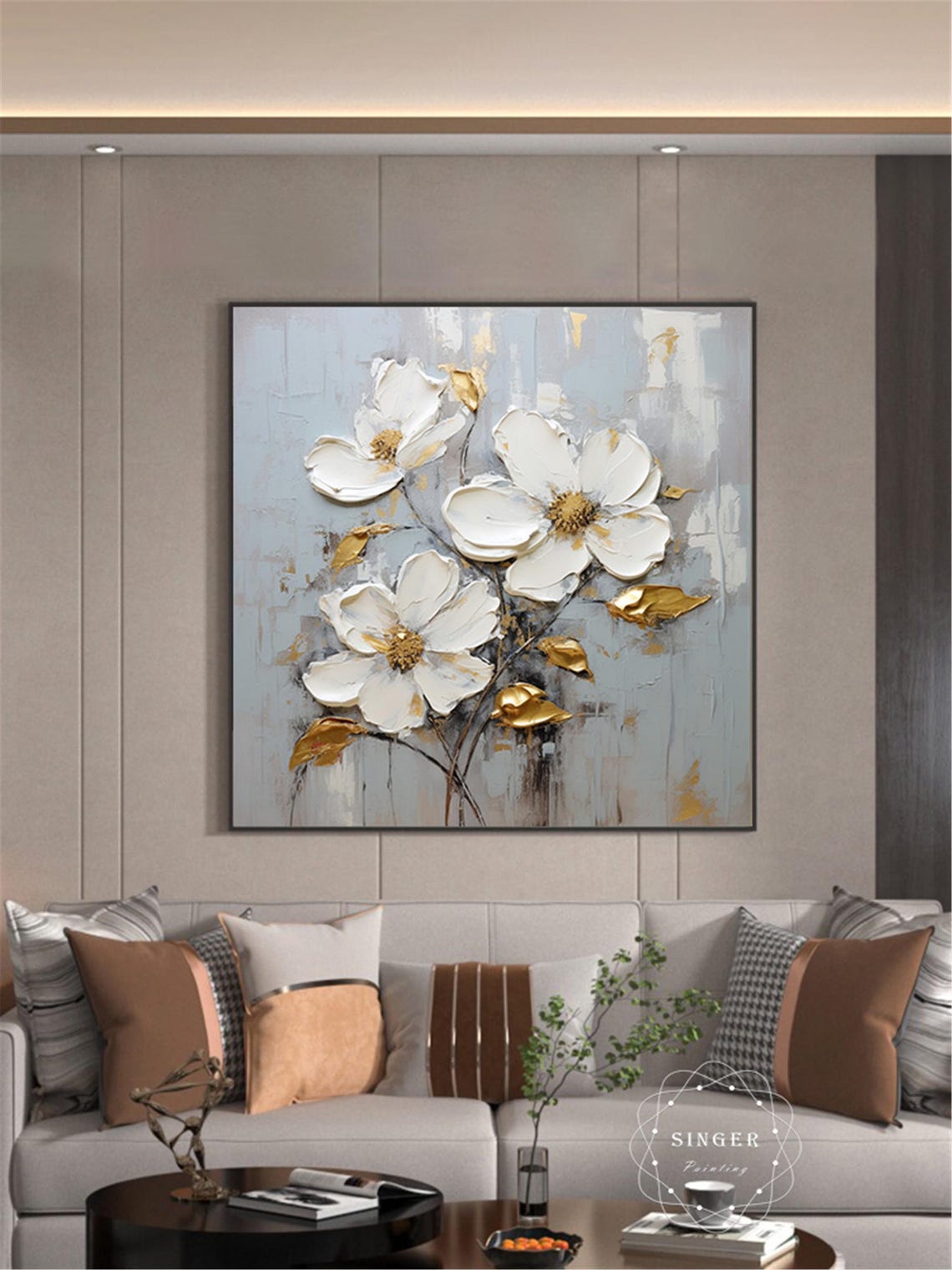 White Bloom Gold Center 3D Textured Impasto Painting Floral Poster - Image 2