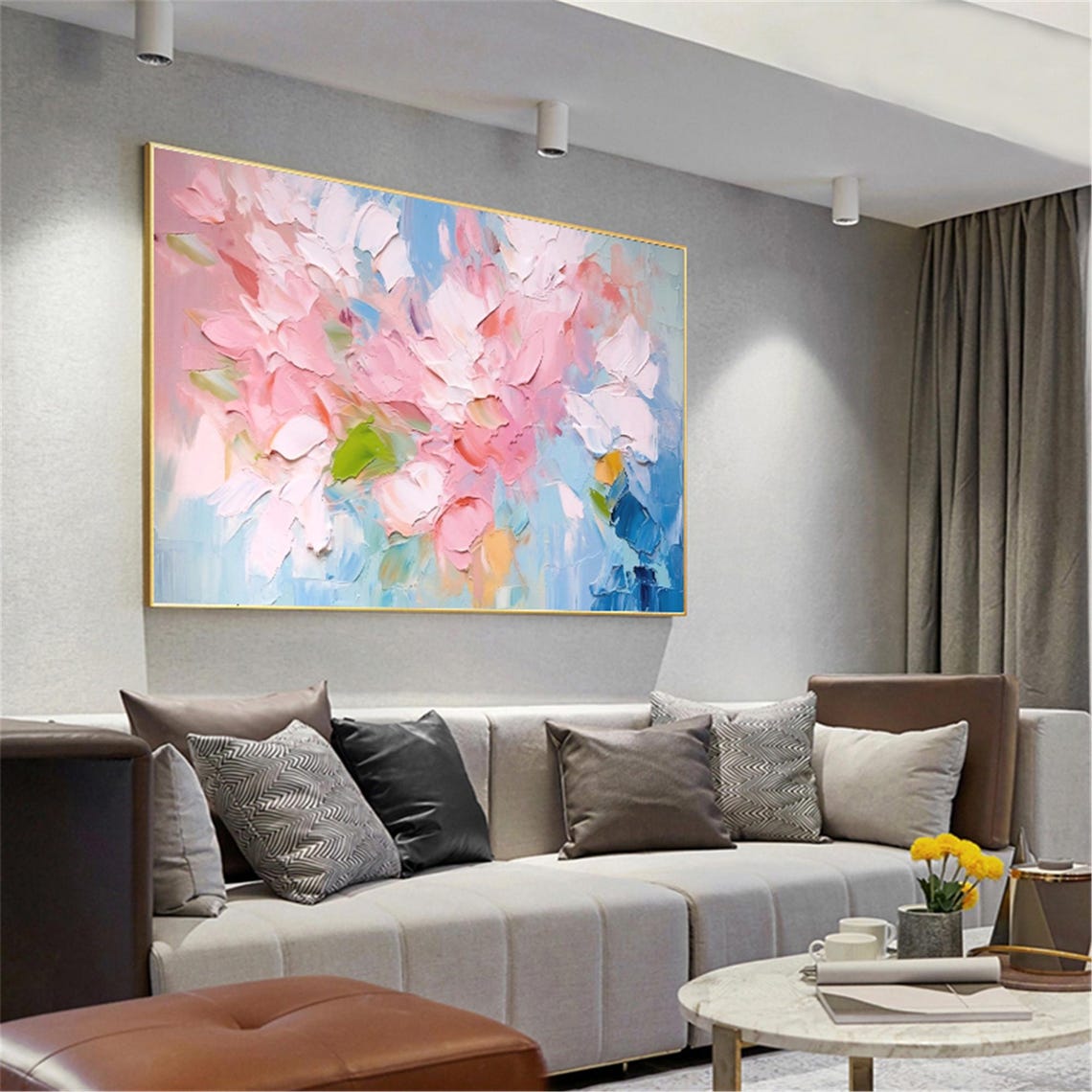 Pink Blossom Cluster Sky Blue Panoramic Soft Floral Wall Art - Image 2