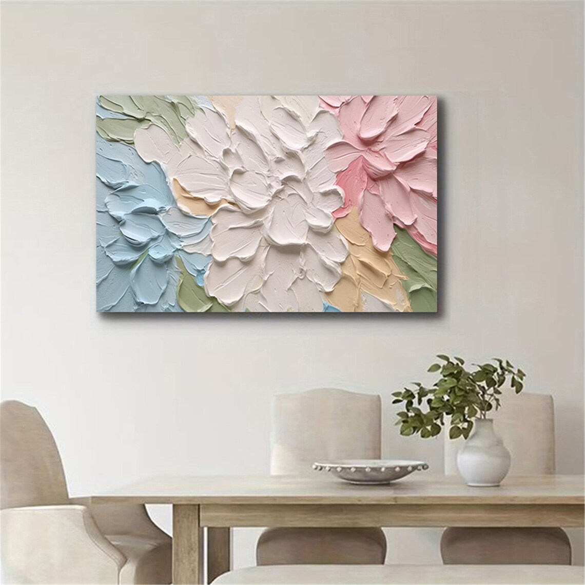Pastel Petal Bloom 3D Textured Impasto Floral Painting Cream Wall Art - Image 3