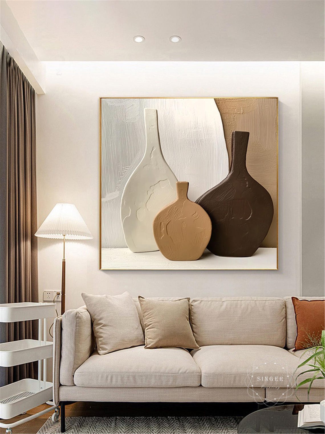 Minimalist Vases Still Life 3D Textured Painting White Tan Print - Image 4