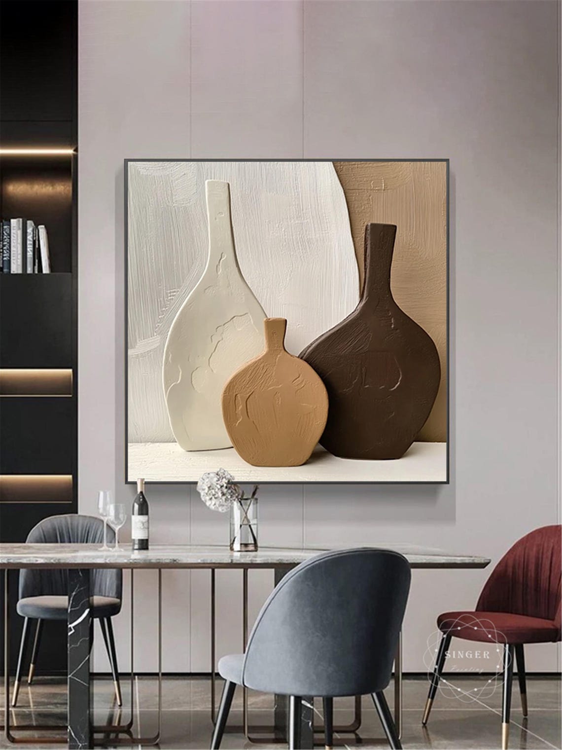 Minimalist Vases Still Life 3D Textured Painting White Tan Print - Image 2