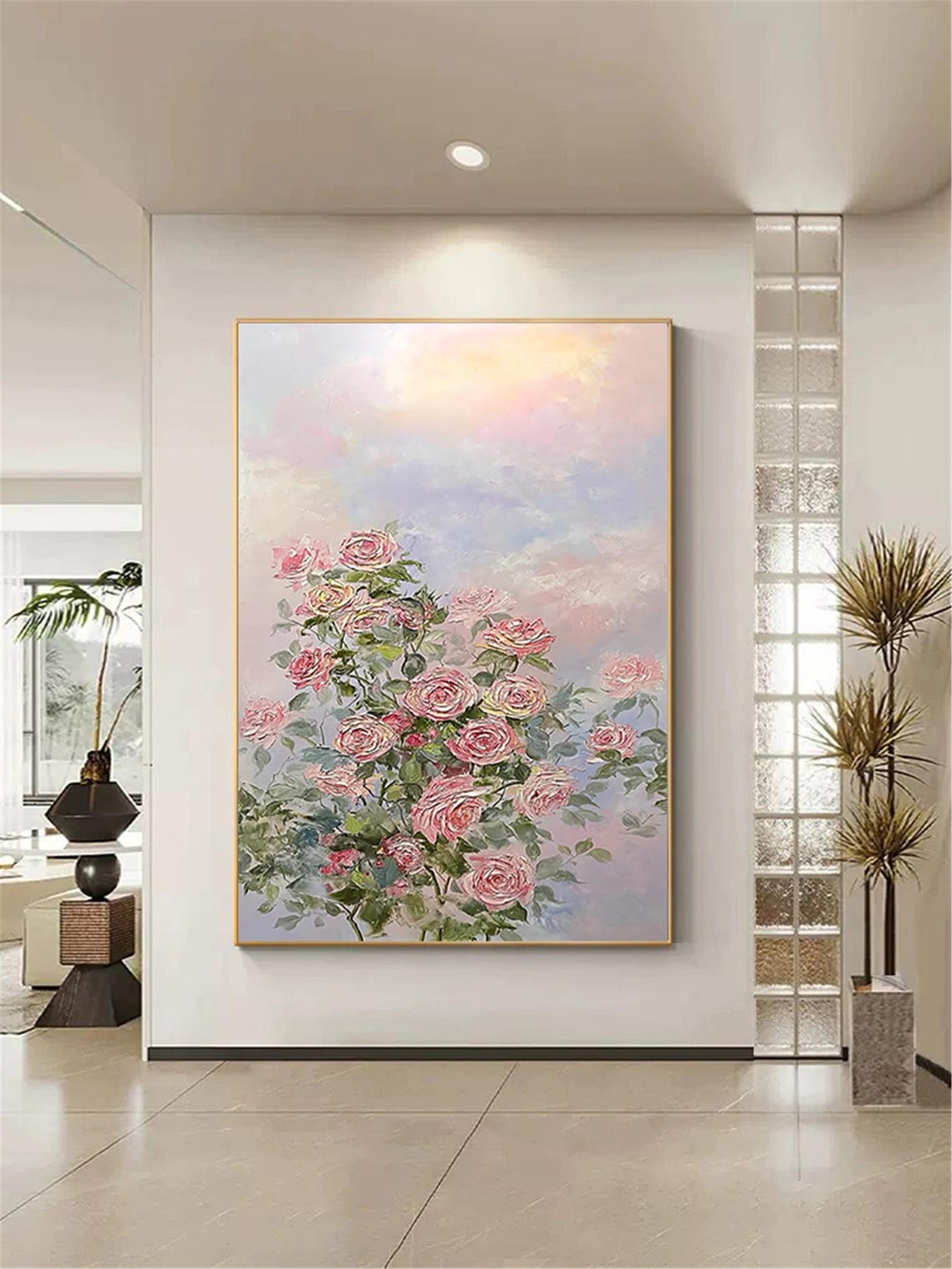 Pink Rose Bush Sunset Sky 3D Textured Floral Painting Poster - Image 4