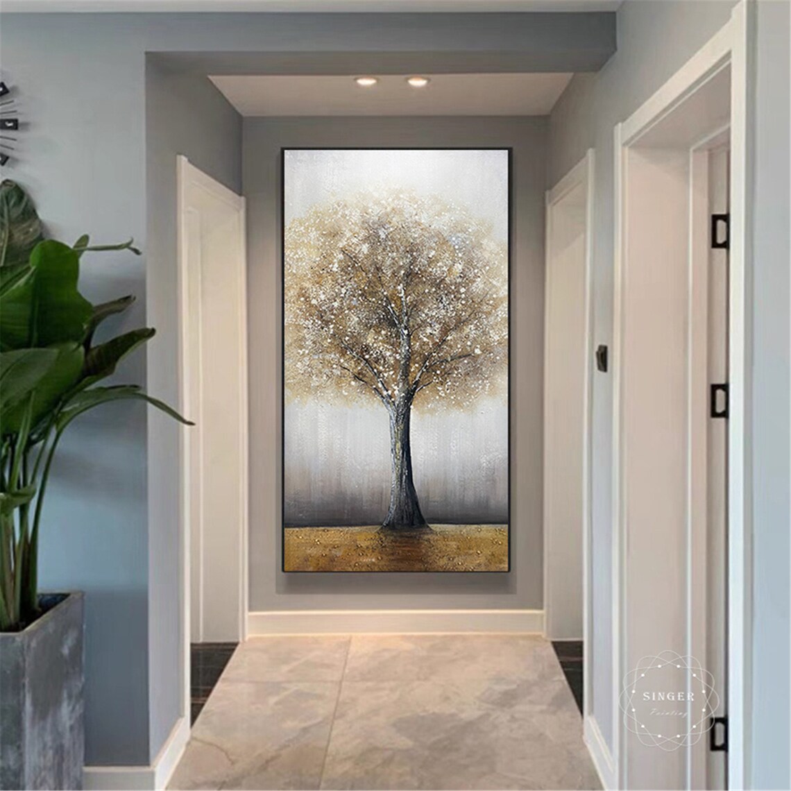 Abstract Tree Art Print, Gray Acrylic Texture, Gold - Image 2