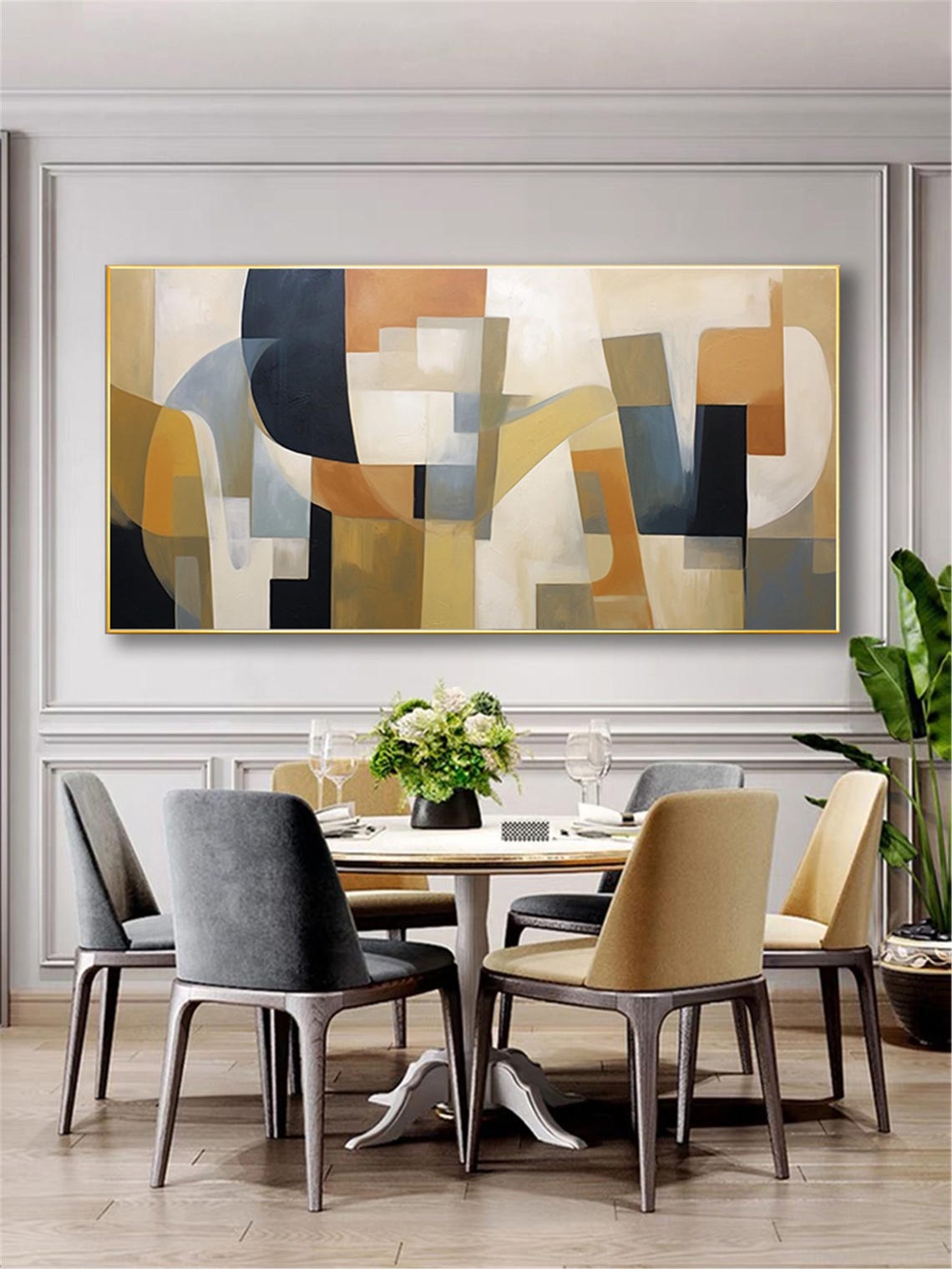 Geometric Mustard Navy Cream Abstract Panoramic Mid Century Art Poster - Image 5