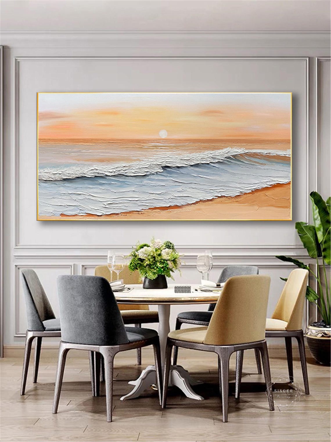 Golden Sunset Ocean Waves Beach Painting Framed Living Room Wall Art - Image 4