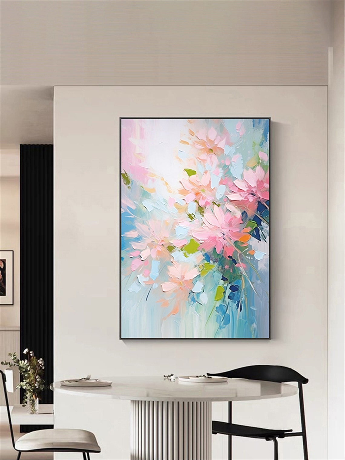 Soft Pink Pastel Floral Spray Blue Green Vertical Blossom Wall Art - Image 4