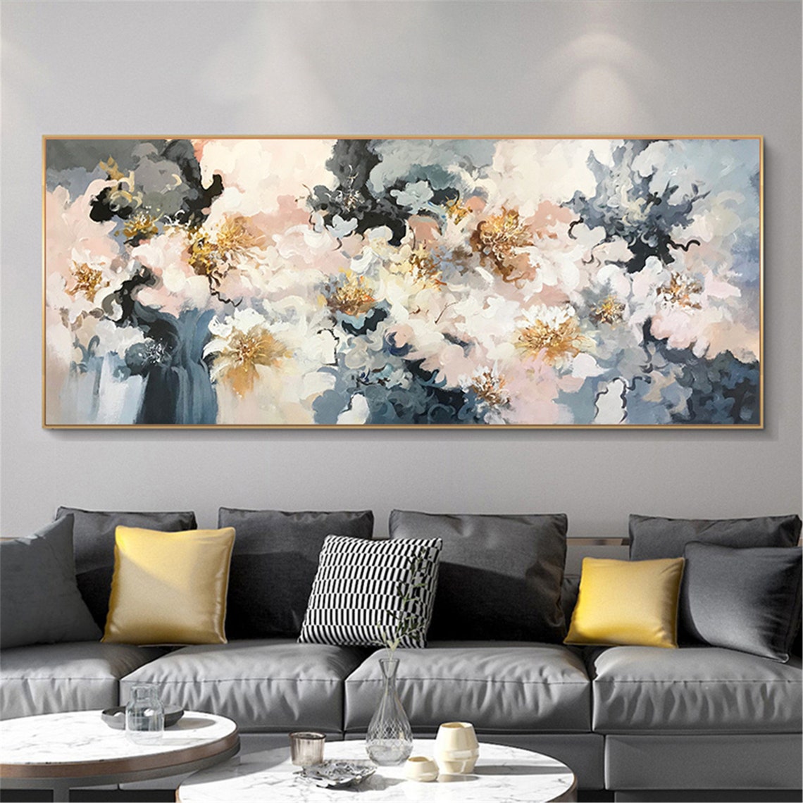 Blue Navy White Golden Floral Abstract Panoramic Living Room Wall Art - Image 3