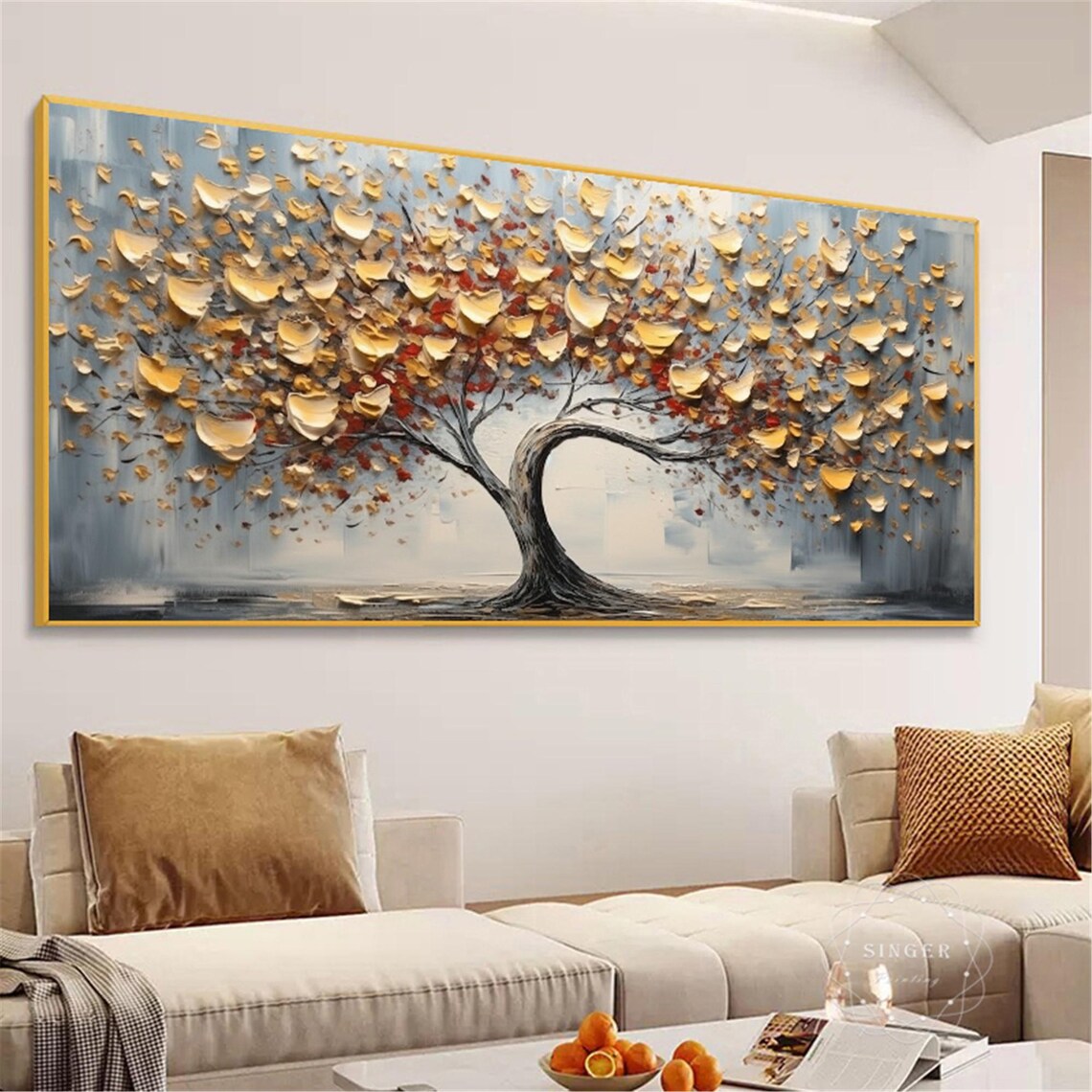Golden Tree Autumn Red Leaves 3D Textured Abstract Painting Poster - Image 2