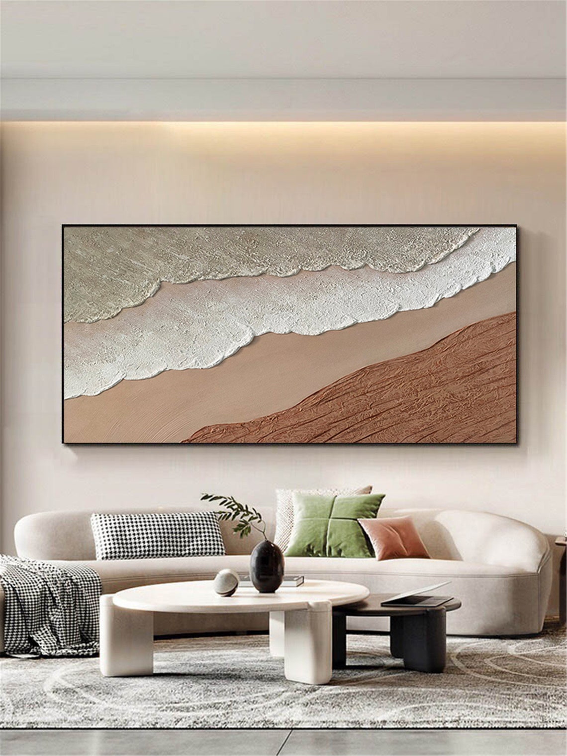 Beige Grey Sea Waves Sandy Shore Textured Panoramic Beach Wall Art - Image 2