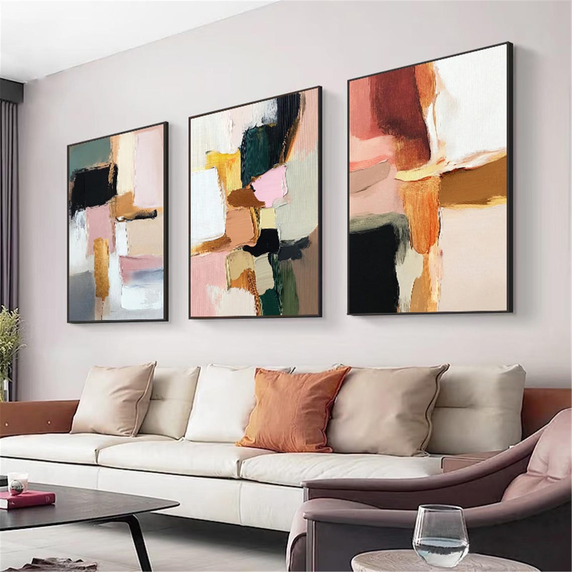 Three Piece Pink Black Gold Abstract Set Modern Triptych Wall Art - Image 3