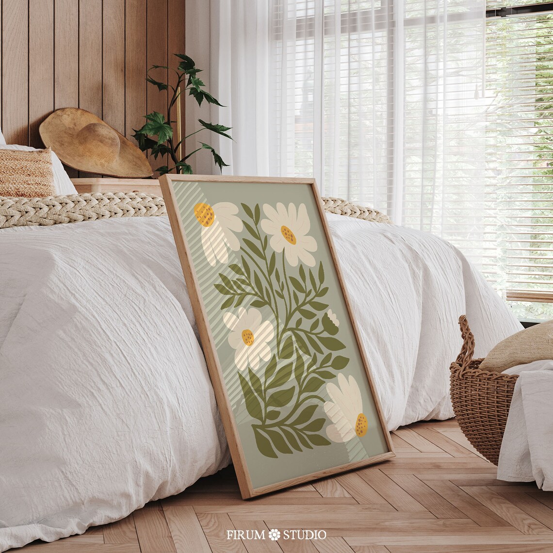 Sage Green Daisies Boho Living Room Art Print - Image 2