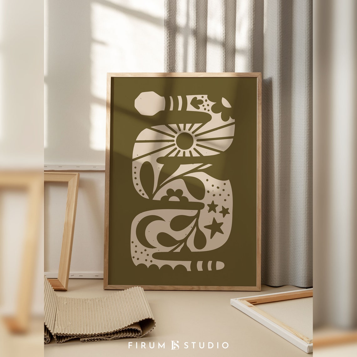 Olive Celestial Snake with Sun Stars and Flowers Folk Art Poster - Image 2