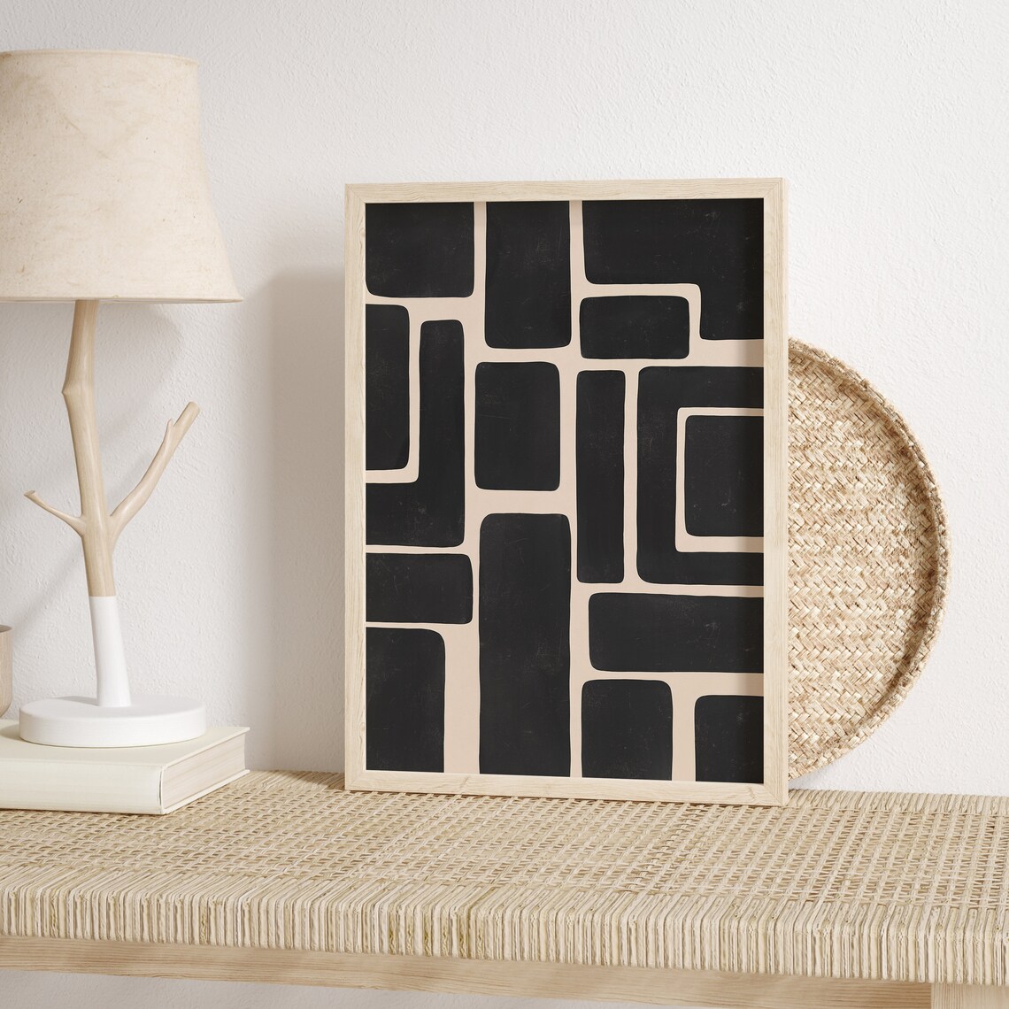 Geometric Shapes Black Beige Abstract Wall Art Print