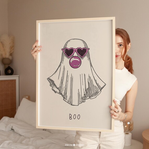 Cute Ghost Blowing Bubblegum Pink Heart Sunglasses Boo Art Poster