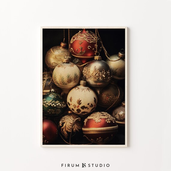 Vintage Christmas Baubles Ornaments Festive Photo Rustic Holiday Print