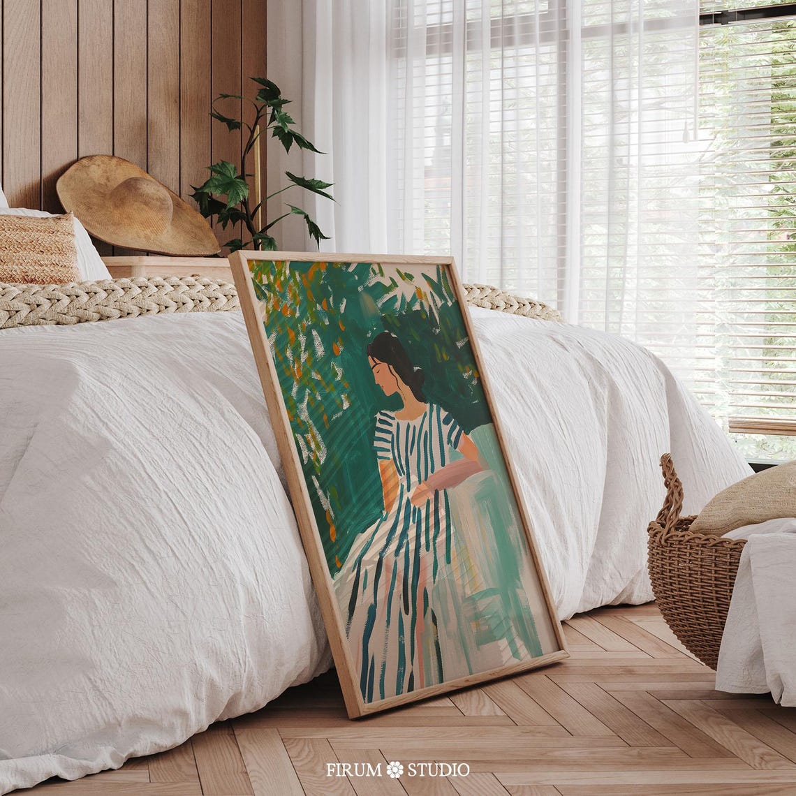 Woman in Striped Dress Garden Oil Painting Figurative Poster - Image 2