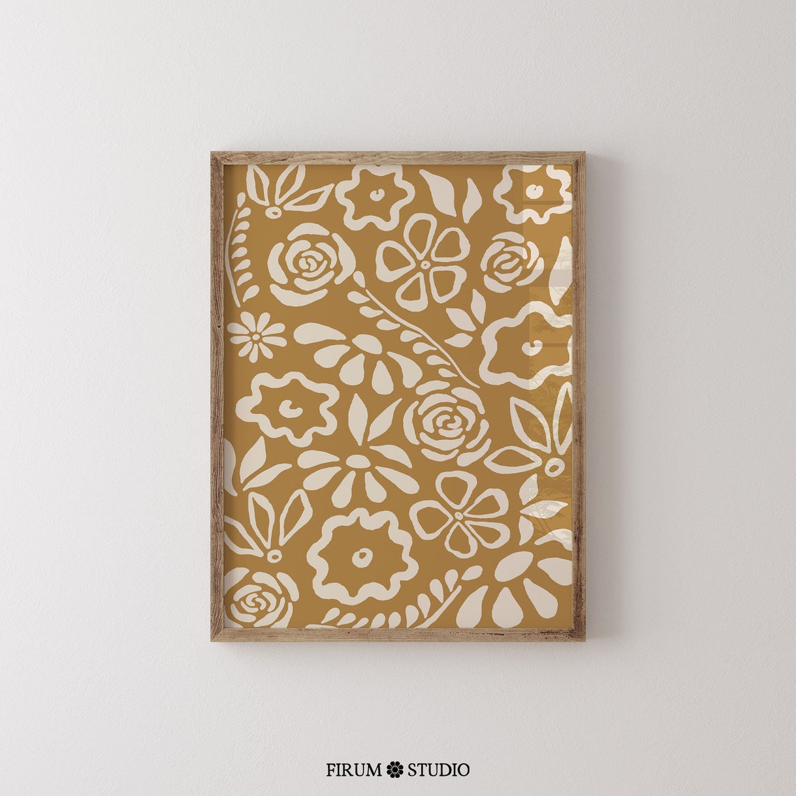 Mustard Yellow Floral Pattern Hand Drawn Boho Botanical Art Print - Image 2