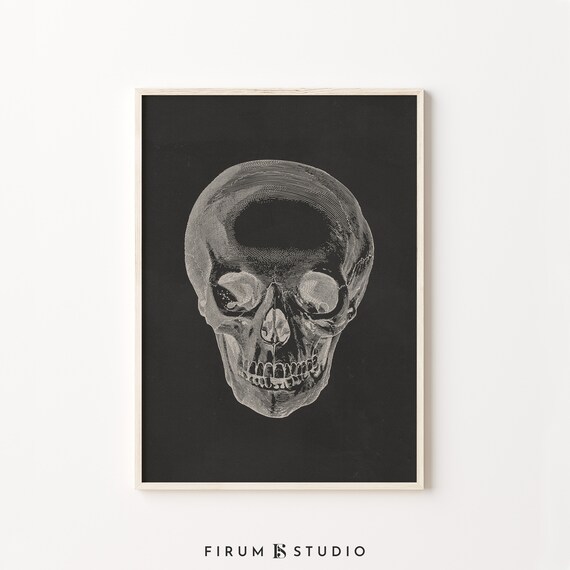 Antique Engraved Skull on Black Gothic Dark Academia Art Poster