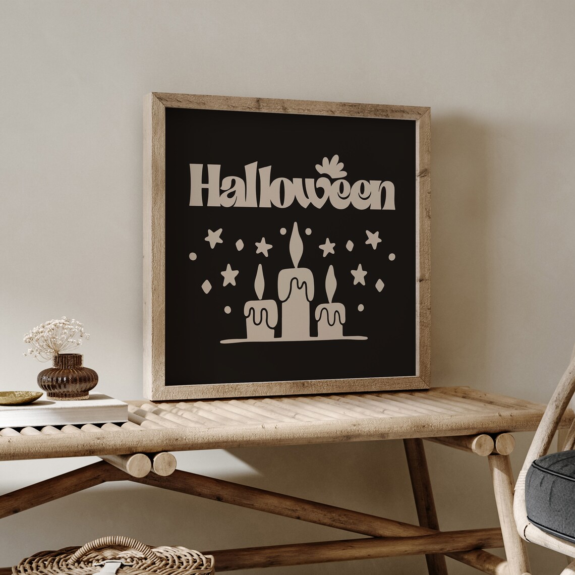 Halloween Retro Candles Black Square Boho Spooky Fall Decorative Wall Poster
