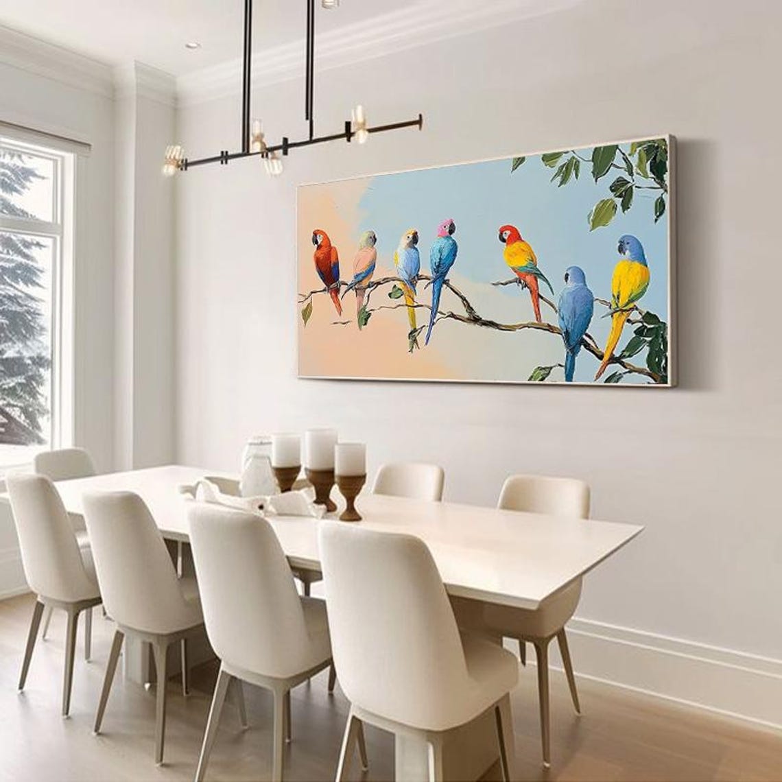 Eight Rainbow Parrots Perched on Leafy Branches Panoramic Poster - Image 3