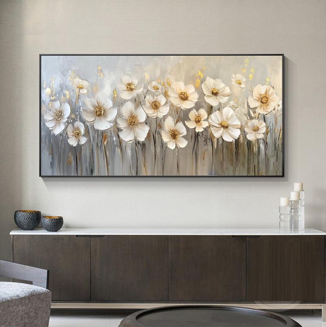 White Cosmos Flowers With Golden Centers Panoramic Elegant Wall Art - Image 3