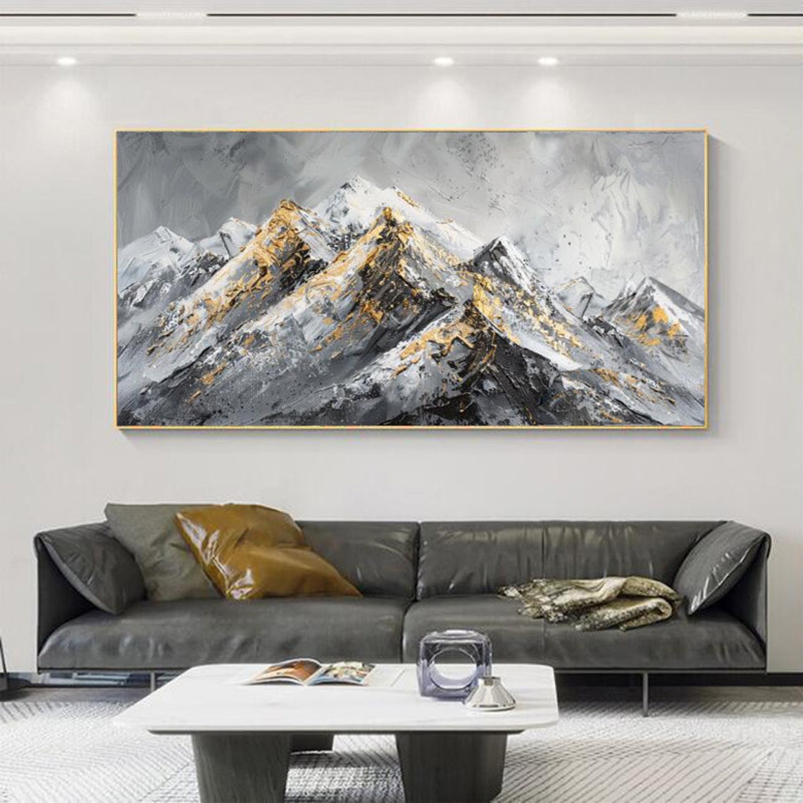 Grey Mountain Range With Gold Leaf Textured Landscape Painting Poster - Image 5