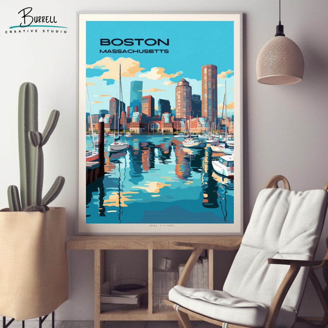 Boston Massachusetts Harbor Skyline Sailboat Retro Travel Poster - Image 2