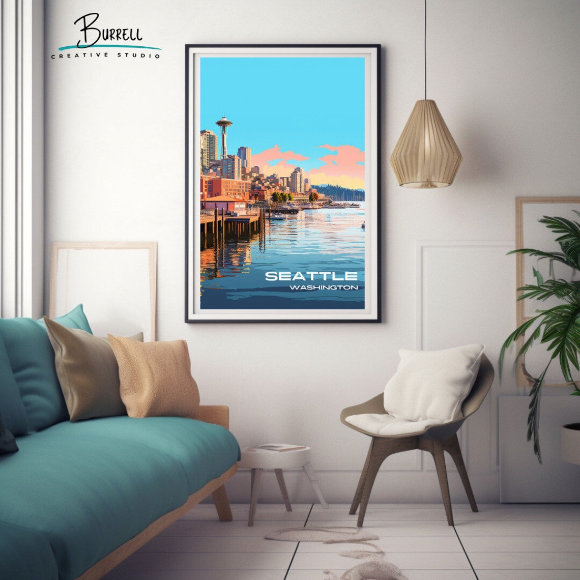 Seattle Washington Space Needle Waterfront Piers Harbor Travel Poster - Image 3