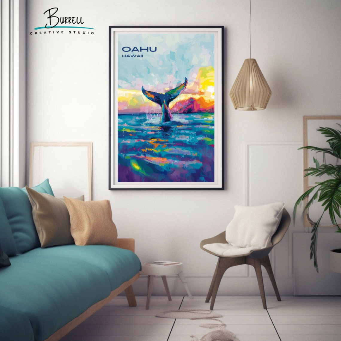 Oahu Hawaii Humpback Whale Fluke Breaching Sunset Waves Poster - Image 3