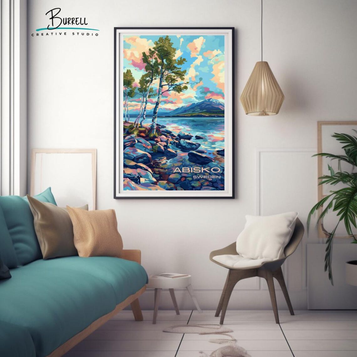 Abisko Sweden Birch Trees Rocky Shore Lake Mountains Travel Poster - Image 3