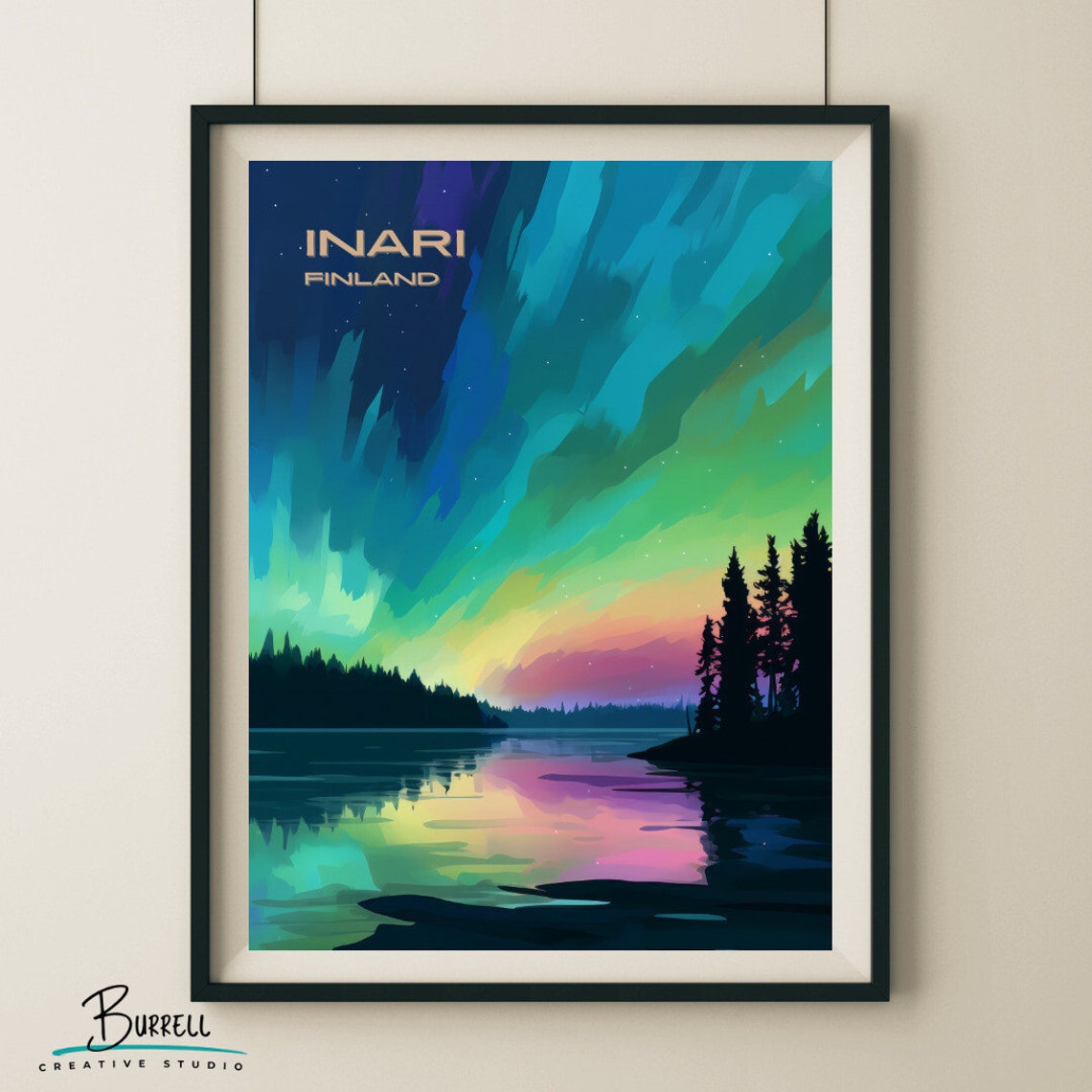 Inari Finland Northern Lights Over Lake Pine Silhouette Poster